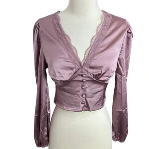 Love Tree S sexy pink purple satin cropped‎ long sleeve blouse top